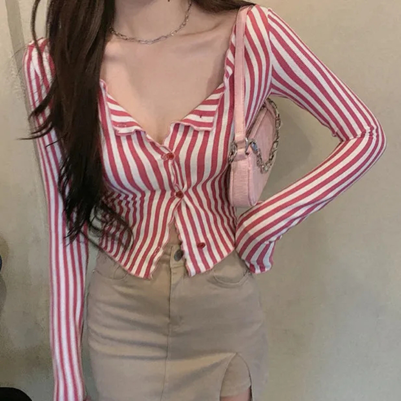 Street Fashion Korea - MEXZT-camisas vintage listradas para mulheres, tops