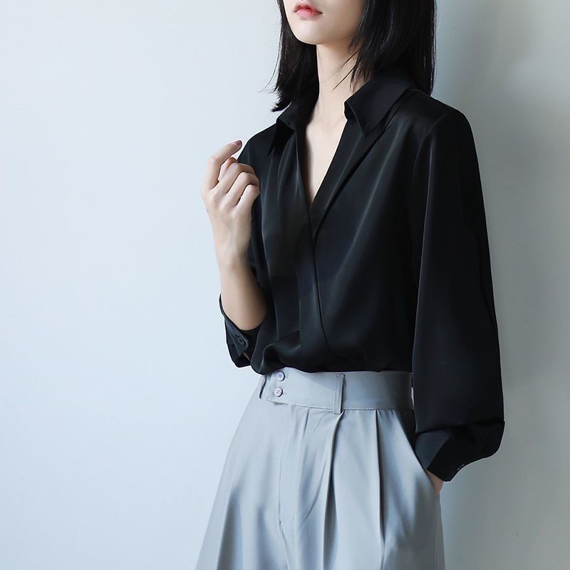 Street Fashion Korea - Gidyq-Camisas pretas de chiffon para mulheres,