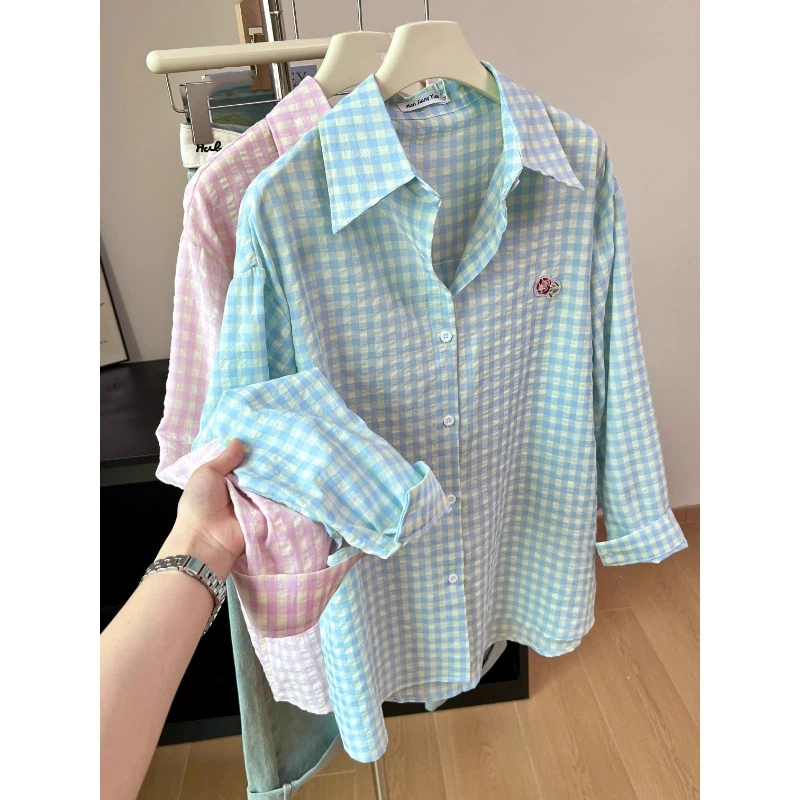 Street Fashion Korea - Camisas e blusas com design xadrez