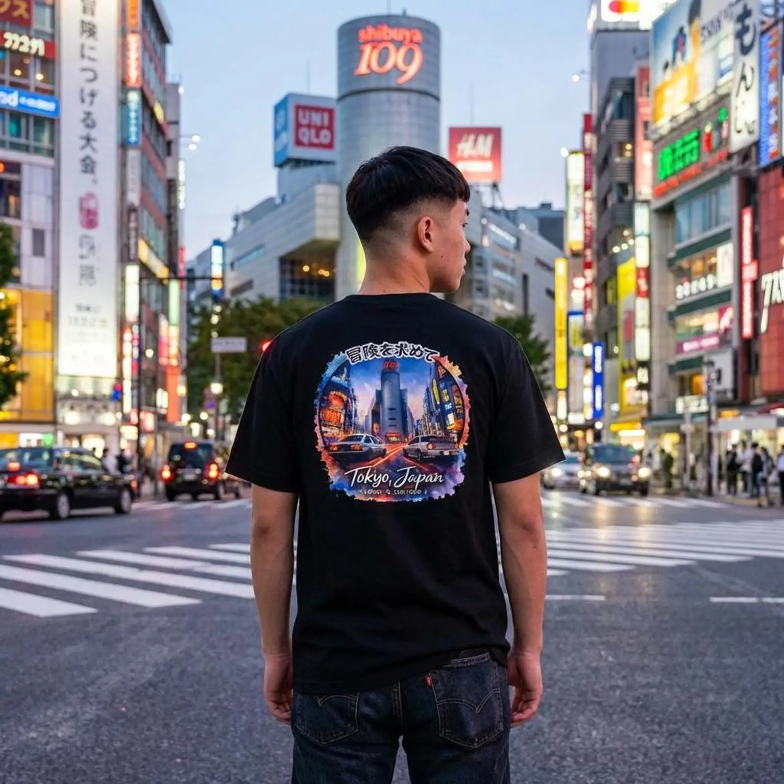 Street Fashion Shibuya - Camiseta Unissex Casual Respirável com Estampa