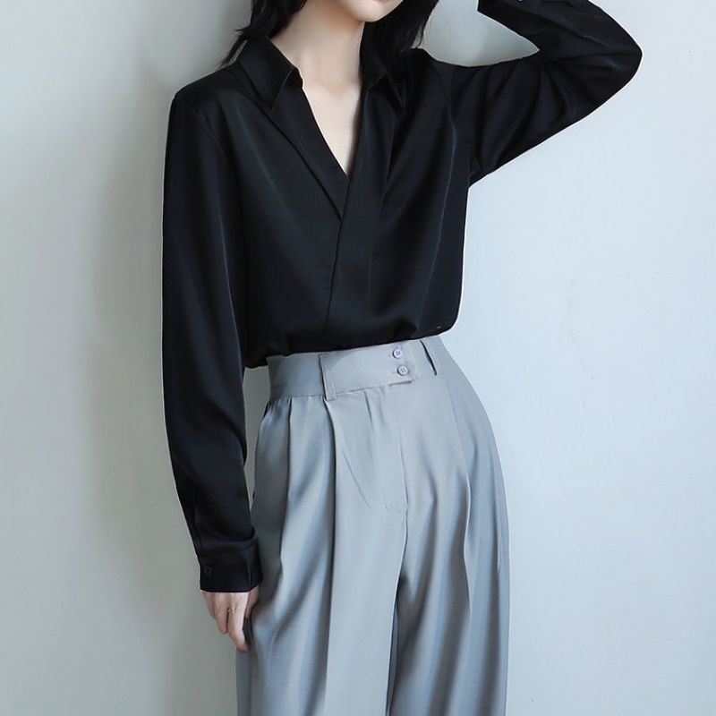 Gidyq-Camisas pretas de chiffo - Street Fashion Korea avaliação e preço