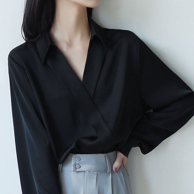 Gidyq-Camisas pretas de chiffo - Street Fashion Korea avaliação e preço
