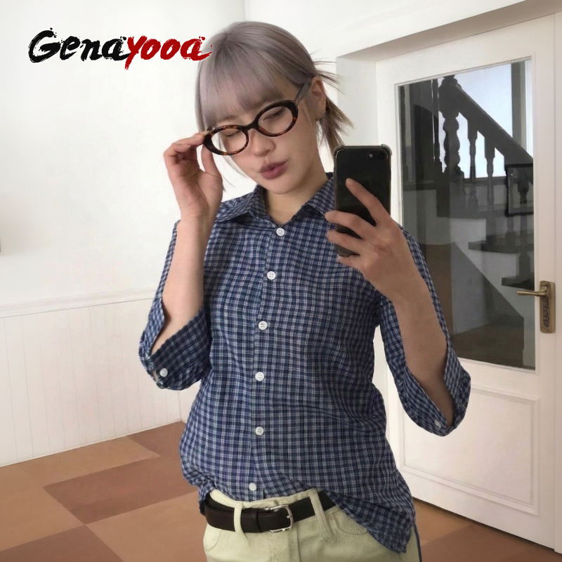 Genayooa y2k camisa xadrez fem - Street Fashion Korea avaliação e preço